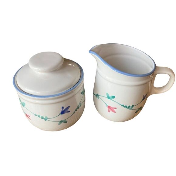 Savoir Vivre Cream & Sugar Bowl Set Portofino Blue Floral Vintage - Picture 1 of 6